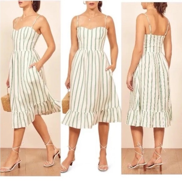 REFORMATION Gateau White Green Stripe EILEEN Ruffle Linen Midi Sun-dress - Picture 2 of 6